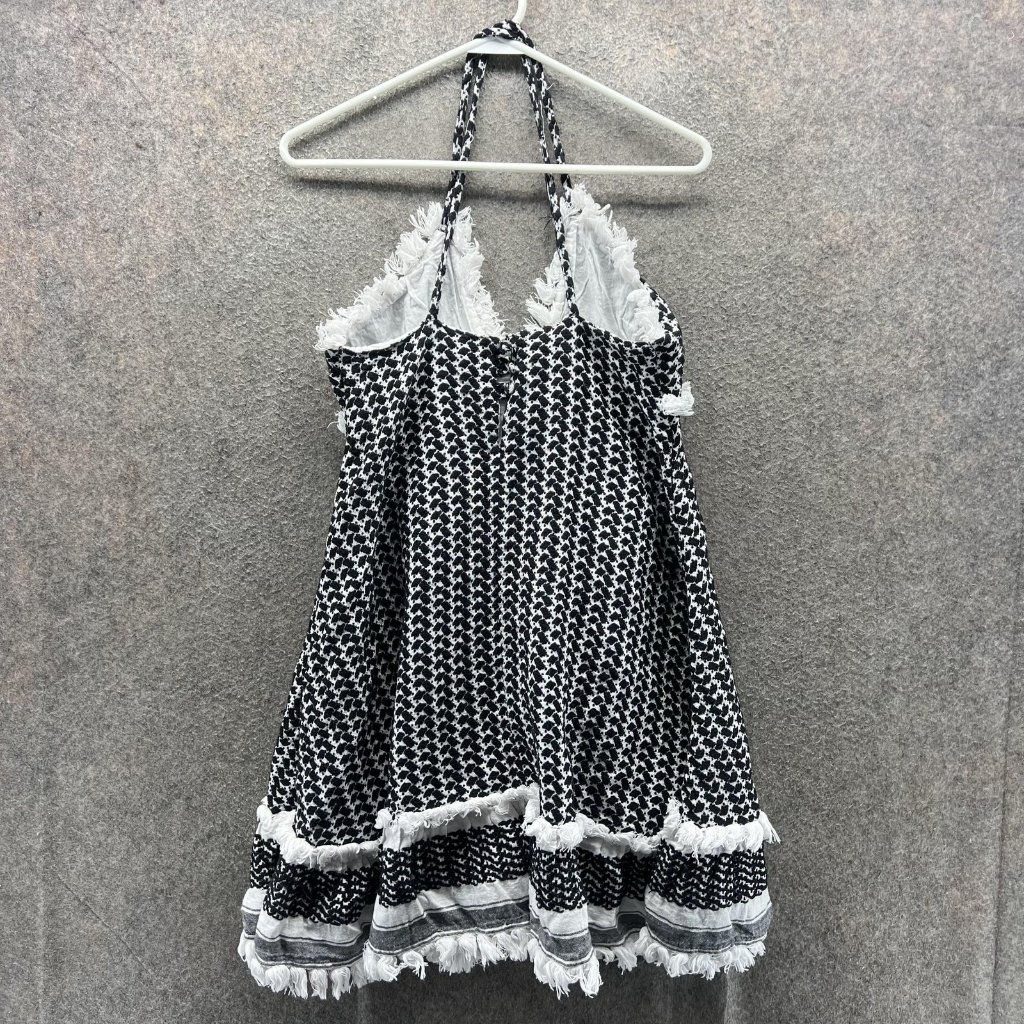 Dodo Bar Or Dress Womens Small Black Houndstooth Halter Fringe Swing Sundress